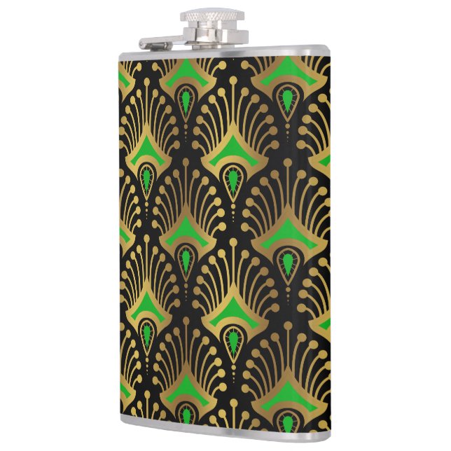 Gold and green Art Deco pattern on black Flask (Left)
