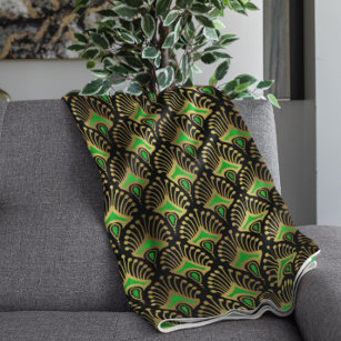 Gold and green Art Deco pattern on black Fleece Blanket