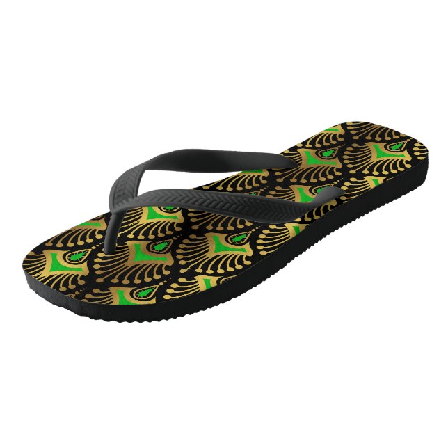 Gold and Green Art Deco pattern on black Flip Flops (Angled)