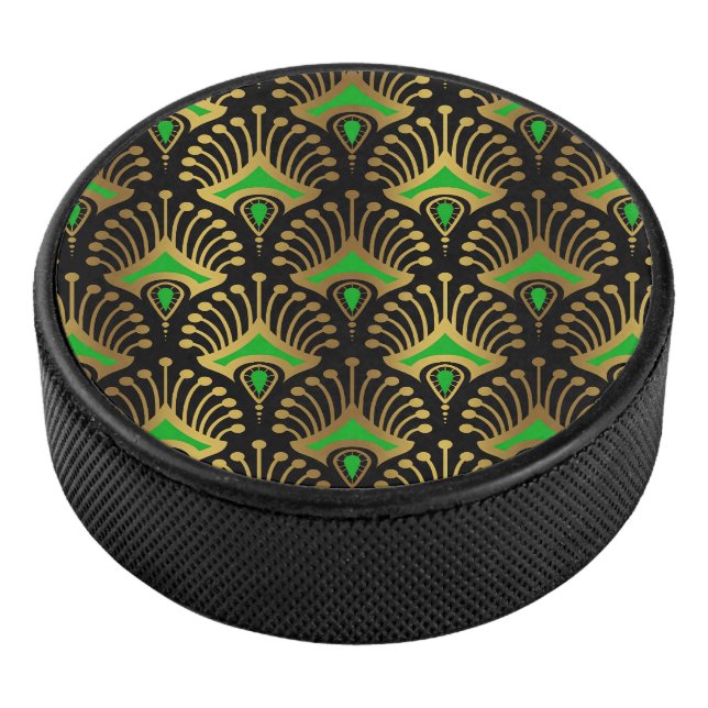 Gold and green Art Deco pattern on black Hockey Puck (3/4)