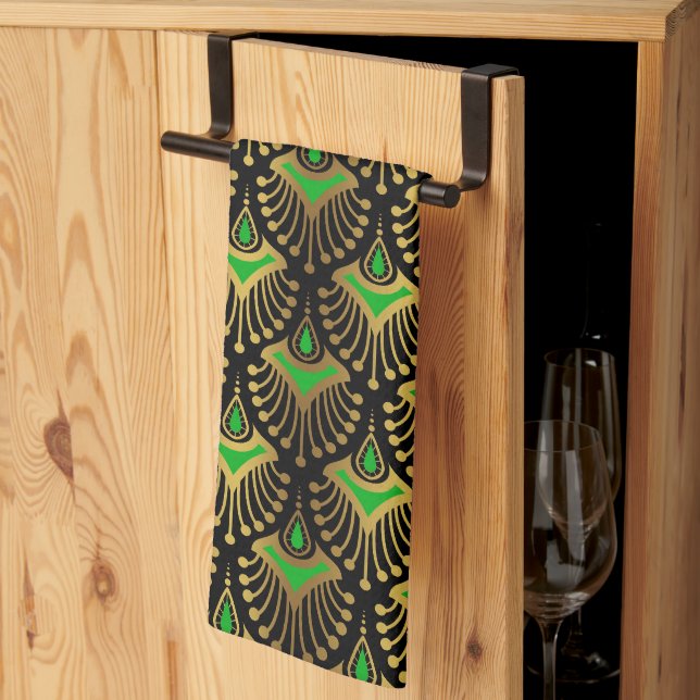 Gold and green Art Deco pattern on black Kitchen T Kitchen Towel (Thirds Fold)