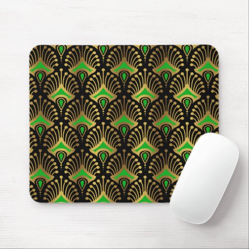 Gold and Green Art Deco pattern on black Mouse Pad