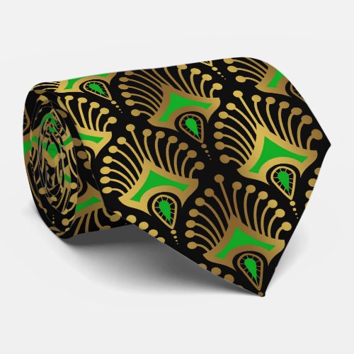 Gold and green Art Deco pattern on black Neck Tie