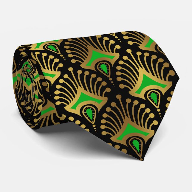 Gold and green Art Deco pattern on black Neck Tie (Rolled)