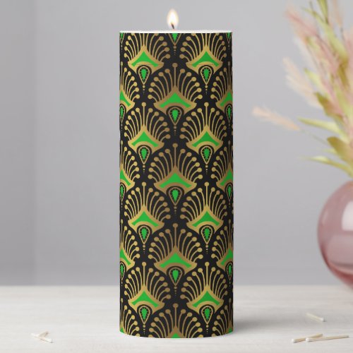 Gold and green Art Deco pattern on black Pillar Candle
