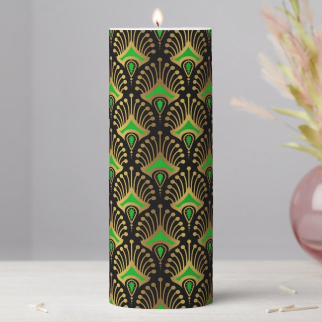 Gold and green Art Deco pattern on black Pillar Candle (In Situ)