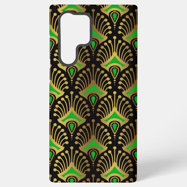 Gold and green Art Deco pattern on black  Samsung Galaxy Case (Back)