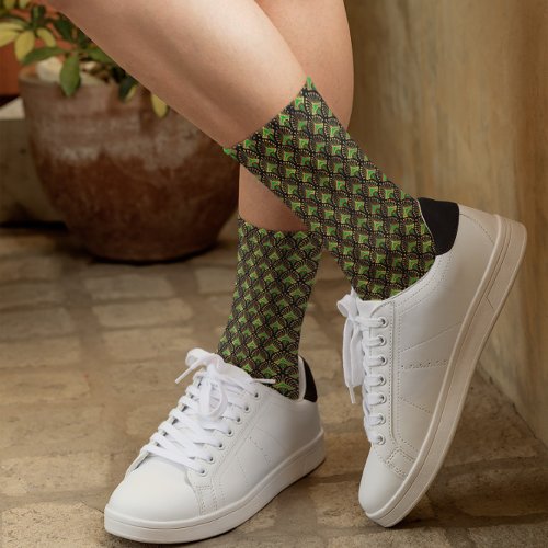 Gold and green Art Deco pattern on black Socks