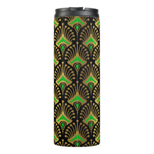 Gold and green Art Deco pattern on black Thermal Tumbler