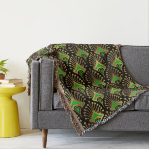 Gold and green Art Deco pattern on black Throw Blanket