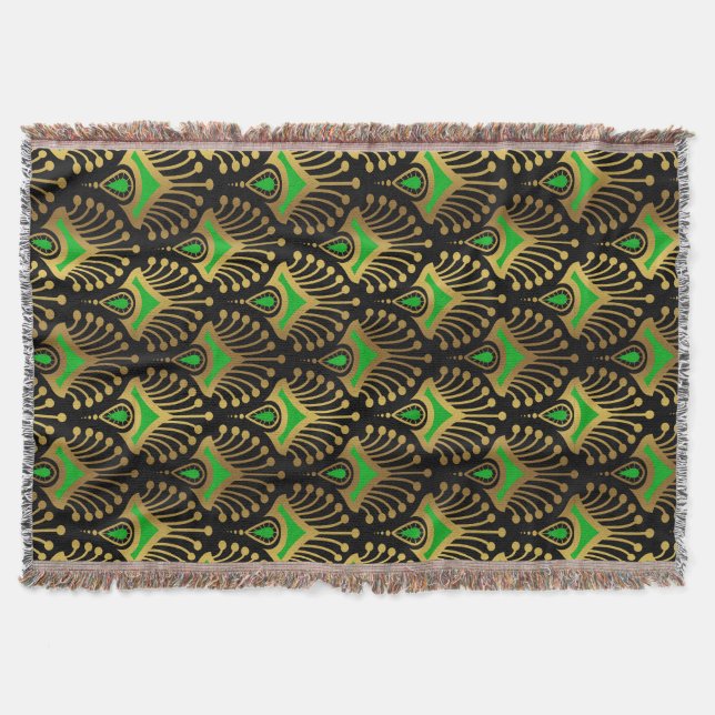Gold and green Art Deco pattern on black Throw Blanket (Front)
