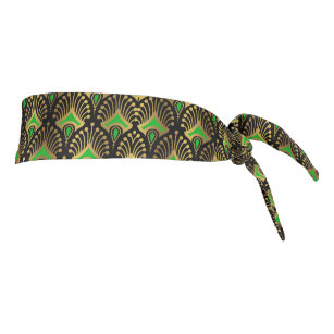 Gold and green Art Deco pattern on black Tie Headband