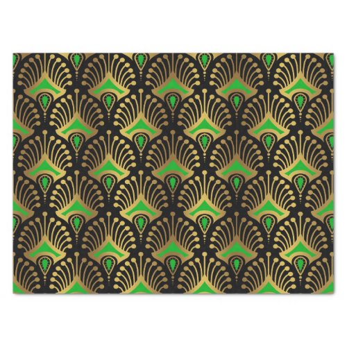 Gold and green Art Deco pattern on black Tissue Paper