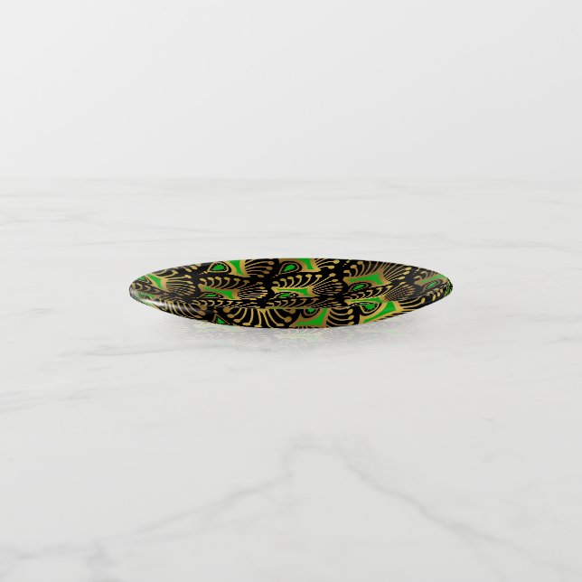 Gold and Green Art Deco pattern on black Trinket Tray (Angled)