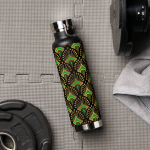 Gold and green Art Deco pattern on black Water Bottle