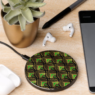 Gold and green Art Deco pattern on black Wireless Charger