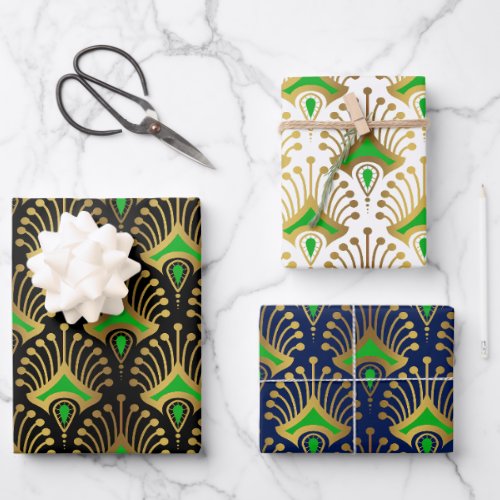 Gold and green Art Deco pattern on black Wrapping Paper Sheets