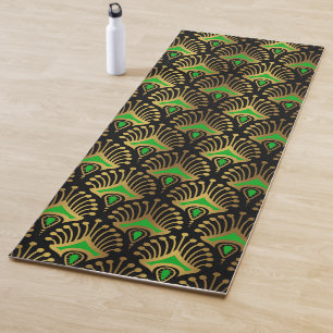 Gold and green Art Deco pattern on black Yoga Mat