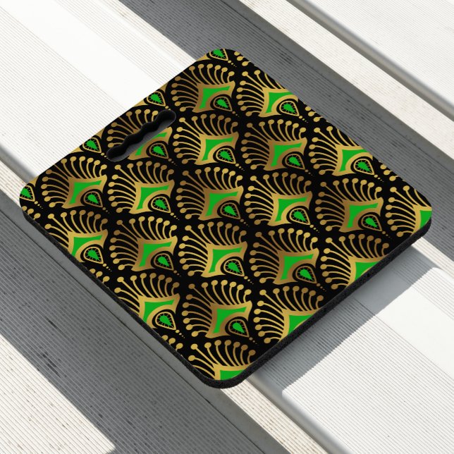 Gold and green Art Deco pattern Seat Cushion (In Situ)
