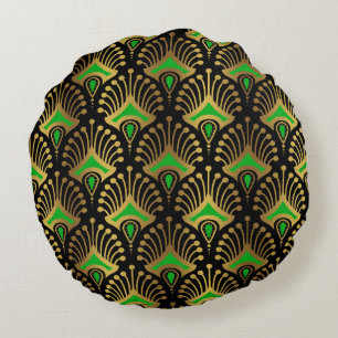 Gold and green Art Deco seamless pattern Round Pillow
