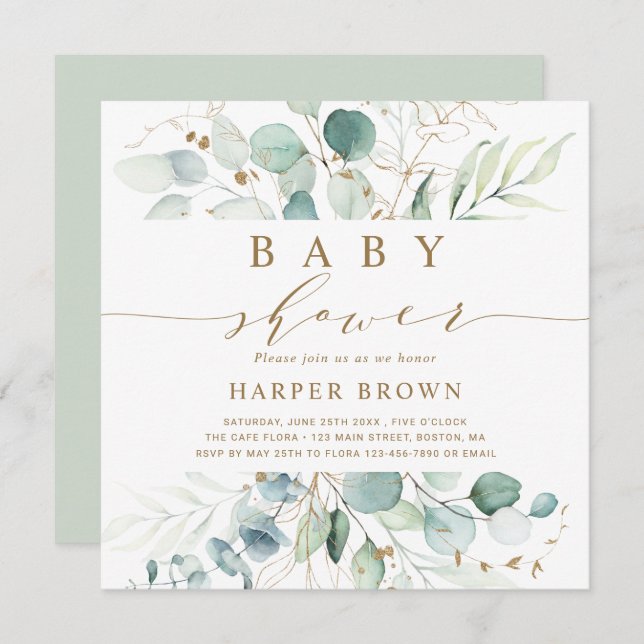 Gold and Green Botanical Baby Shower Square Invitation (Front/Back)