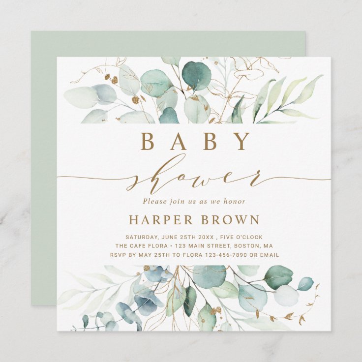 Gold and Green Botanical Baby Shower Square Invitation | Zazzle