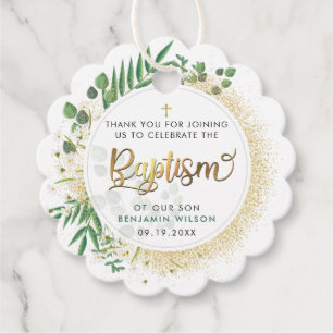 Gold And Green Botanical Baptism Thank You Favor Tags