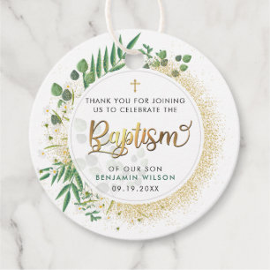 Gold And Green Botanical Baptism Thank You Favor Tags