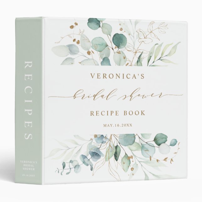 Gold and Green Botanical Bridal Shower Recipe Book 3 Ring Binder (Front/Spine)