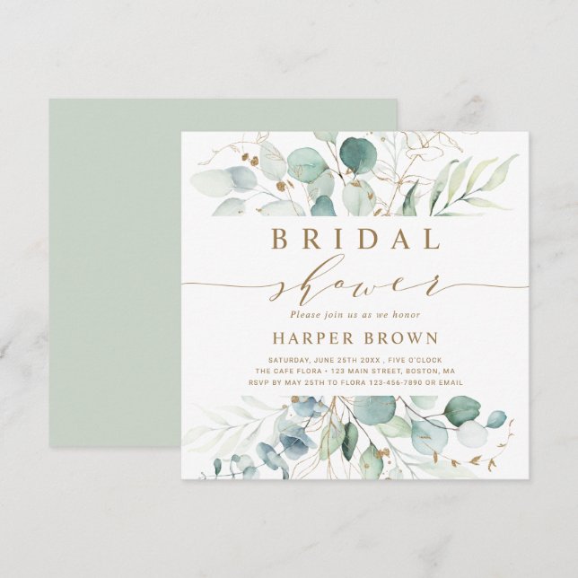Gold and Green Botanical Bridal Shower Square Invitation (Front/Back)