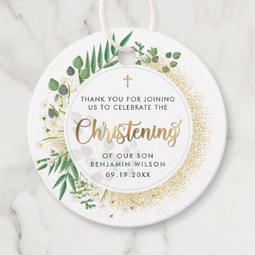 Gold And Green Botanical Christening Thank You Favor Tags