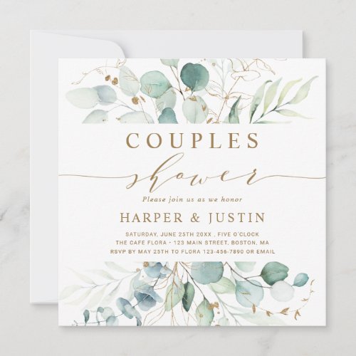 Gold and Green Botanical Couples Shower Square Invitation