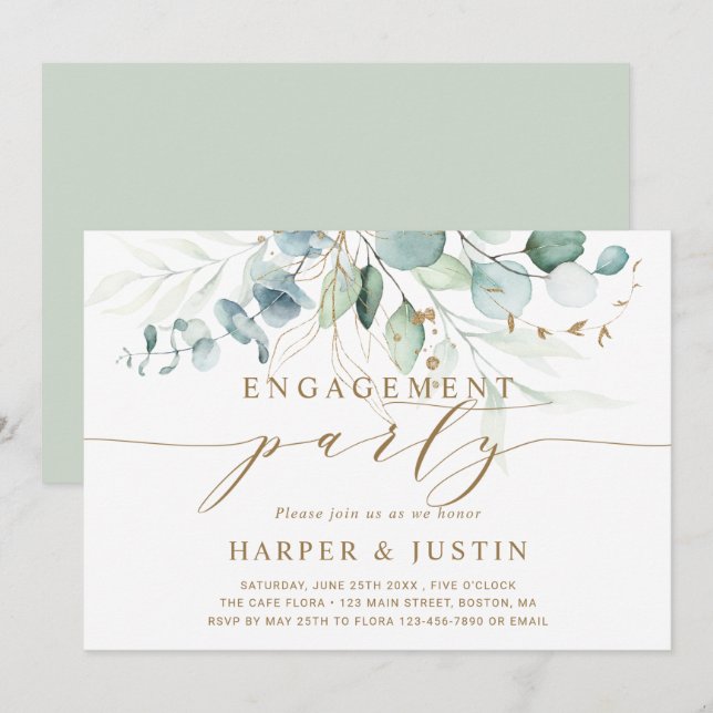 Gold and Green Botanical Engagement Party Invitation (Front/Back)