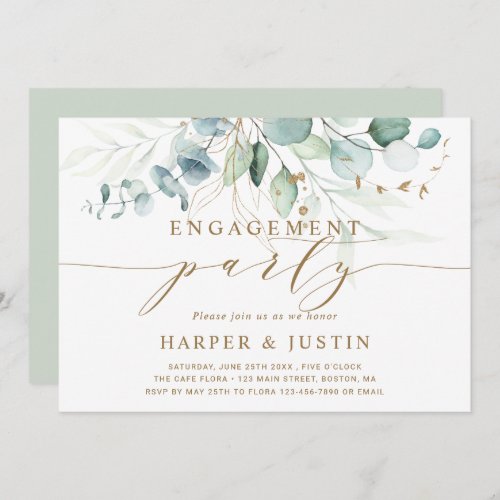 Gold and Green Botanical Engagement Party Invitation