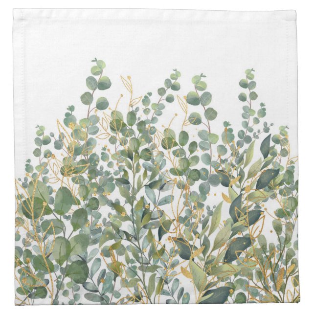 Gold And Green Botanical Eucalyptus Leaves Cloth Napkin (Front)