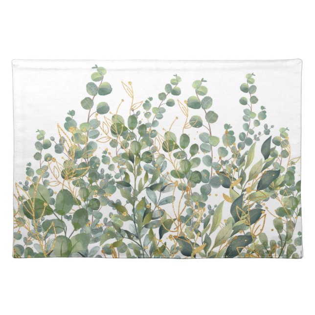 Gold And Green Botanical Eucalyptus Leaves Cloth Placemat (Front)