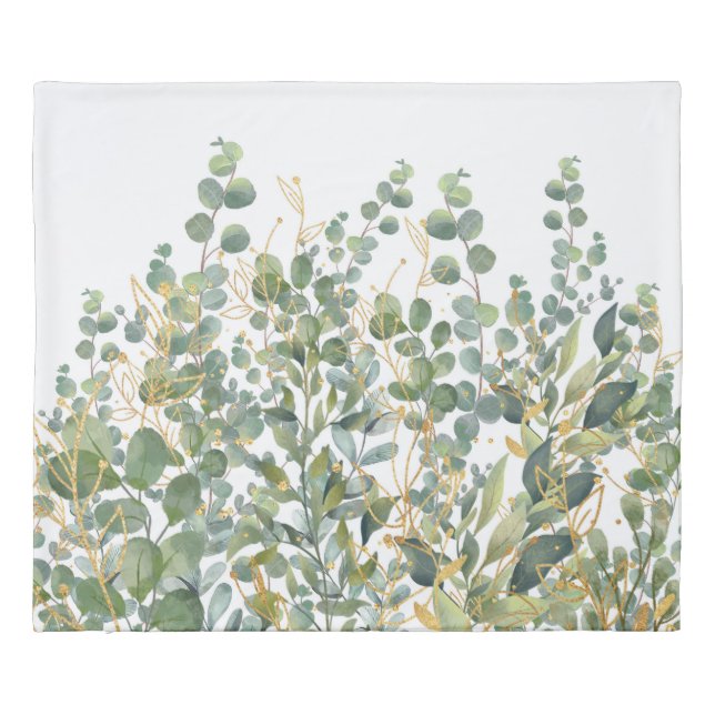 Gold And Green Botanical Eucalyptus Leaves Duvet Cover (Back)