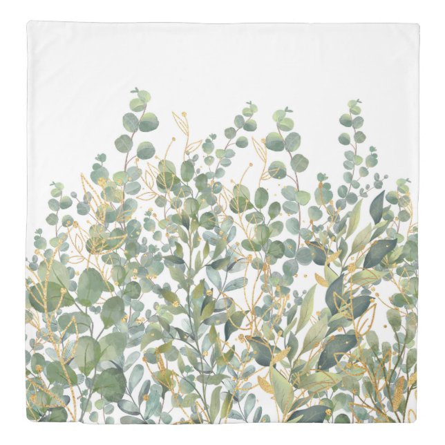 Gold And Green Botanical Eucalyptus Leaves Duvet Cover (Front)