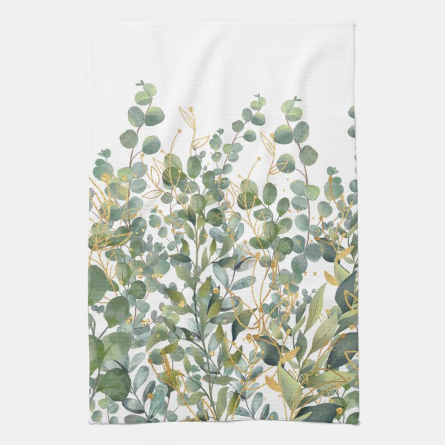 Gold And Green Botanical Eucalyptus Leaves Kitchen Towel (Vertical)