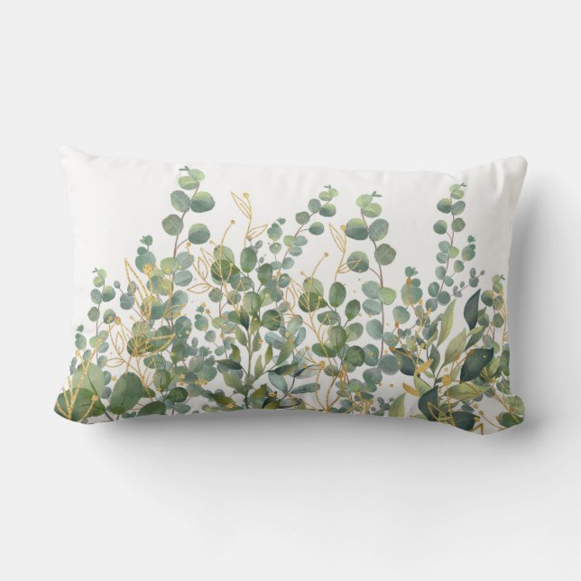 Gold And Green Botanical Eucalyptus Leaves Lumbar Pillow (Back)
