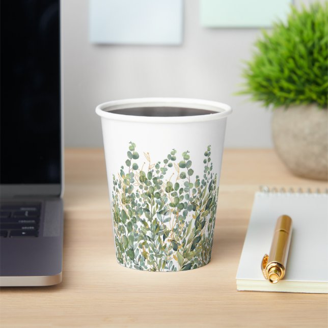 Gold And Green Botanical Eucalyptus Leaves Paper Cups (Insitu)