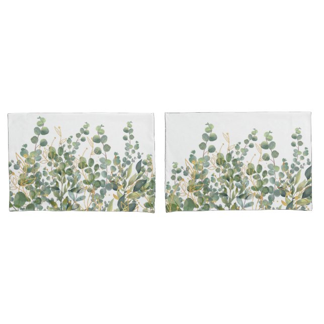 Gold And Green Botanical Eucalyptus Leaves Pillow Case (Front-Set)