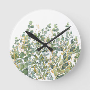 Gold And Green Botanical Eucalyptus Leaves Round Clock