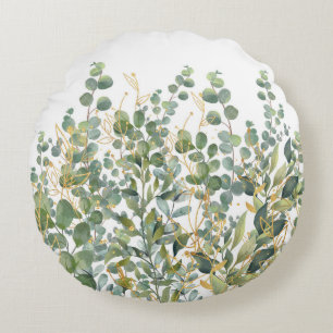 Gold And Green Botanical Eucalyptus Leaves Round Pillow