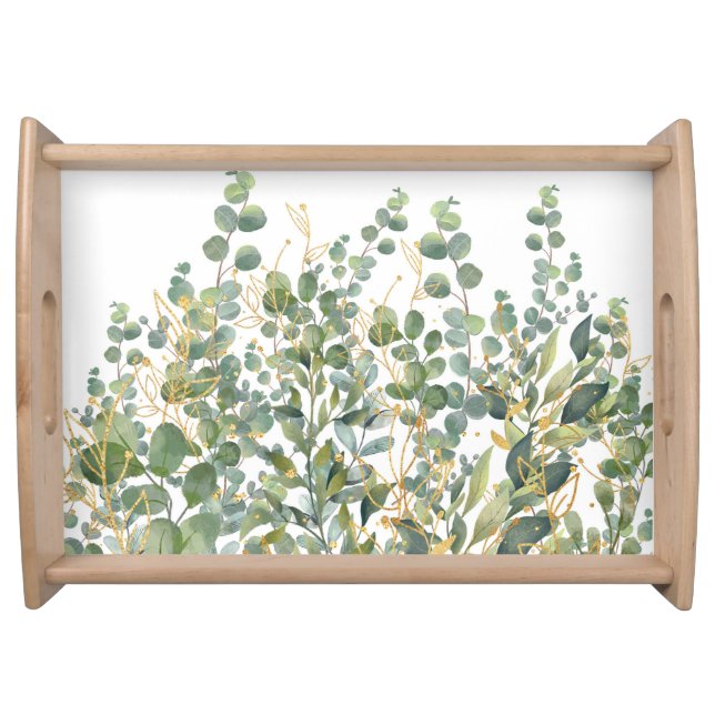 Gold And Green Botanical Eucalyptus Leaves Serving Tray (Front)