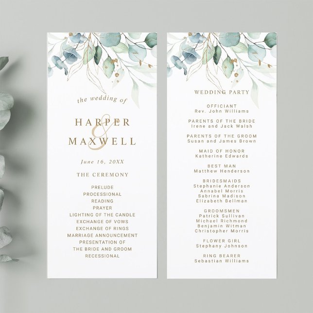 Gold and Green Botanical Wedding Ceremony Program (Front & Back)