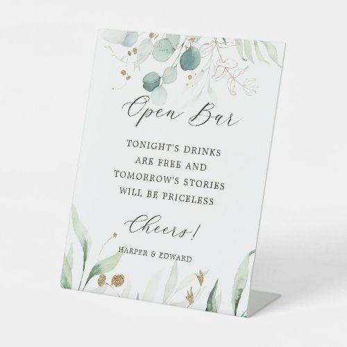 Gold and Green Botanical Wedding Open Bar Pedestal Sign