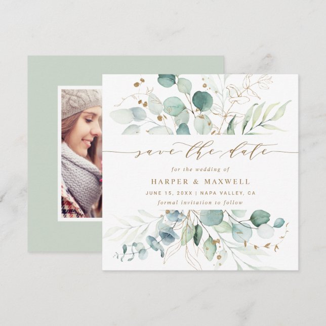 Gold and Green Botanical Wedding Photo Save The Da Save The Date (Front/Back)