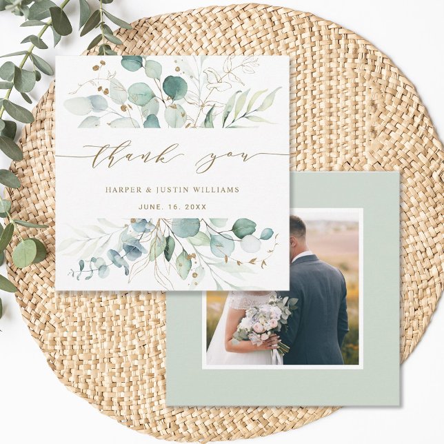 Gold and Green Botanical Wedding Photo Thank You Card (Front & Back)
