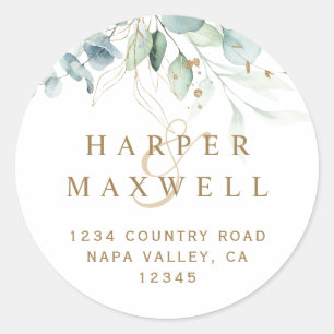 Gold and Green Botanical Wedding Return Address Classic Round Sticker